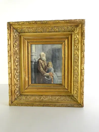 Gesigneerde aquarel "L'Aveugle" (De Blinde Bedelaar) - Louise de Melotte, 1898 - vergulde lijst – kavel bij De Kringwinkel, Heverlee