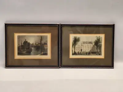 Twee antieke staalgravures van Brugge - handgekleurd, ca. 1830 - William Henry Bartlett – kavel bij De Kringwinkel, Gent