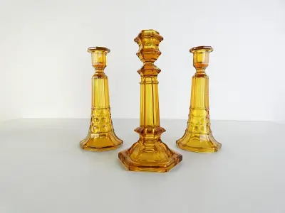 Val Saint Lambert, Amber Kristallen Kandelaarsset (3-delig) – kavel bij De Kringwinkel, Heverlee