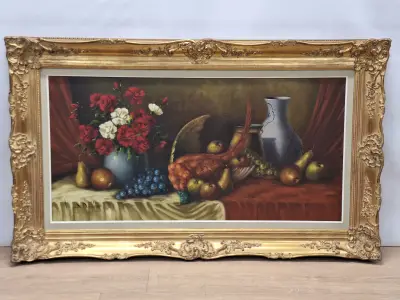 Klassiek pronkstilleven met fazant, bloemen en fruit - olieverf op doek - M.S. Dufour – kavel bij De Kringwinkel, Gent
