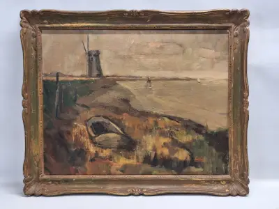 Olieverfschilderij van een rivierlandschap met windmolen en roeiboot - L. Van Goes – kavel bij De Kringwinkel, Gent