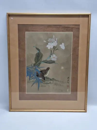 Aziatisch vogel- en bloemenschilderij - Kwartels tussen bloesems en bamboe – kavel bij De Kringwinkel, Gent