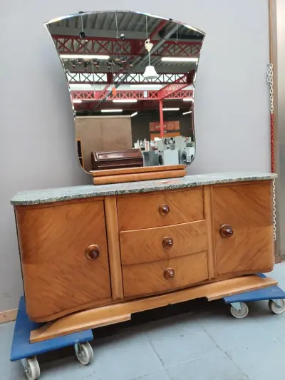 Authentiek Art Deco Dressoir / Kaptafel met Marmeren Blad en Spiegel – Jaren 30/40 – kavel bij De Kringwinkel, Ronse
