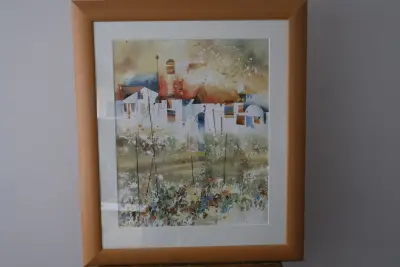 Ingelijste aquarel schilderij stad en bloemen'' – kavel bij GSD Auctions, Zoeterwoude