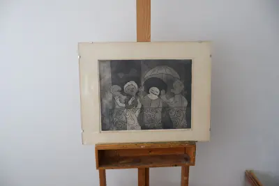 Zwart-wit Ets van figuren op balkon - Thea van Trigt'' – kavel bij GSD Auctions, Zoeterwoude