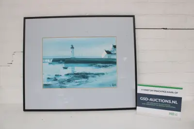 Ingelijst schilderij met kustlandschap en vuurtoren – kavel bij GSD Auctions, Zoeterwoude