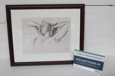 Ingelijste potloodtekening van liggende naakte vrouw – kavel bij GSD Auctions, Zoeterwoude