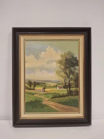 Schilderij H. Verlinden met landschap en boerderijen in houten lijst – kavel bij De Kringwinkel, Ronse