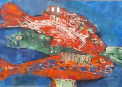 Gemengde techniek, Maya Wildevuur, Vis, 1998 – kavel bij Onlineveilingmeester, Groningen