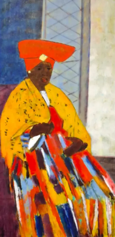 Acryl op doek, Maya Wildevuur, Herero vrouw, 1998 – kavel bij Onlineveilingmeester, Groningen