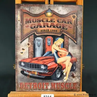 Vintage metalen wandbord met de afbeelding van een klassieke rode muscle car, benzinepompen en een pin-up model – kavel bij ProVeiling, Wageningen