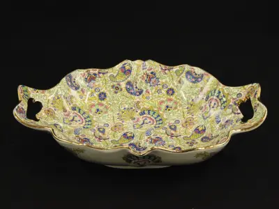 Boch Fréres La Louviére Keralux vintage serveerschaal met Paisley bloemenpatroon en twee handgrepen – kavel bij De Kringwinkel, Antwerpen