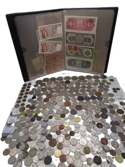 Verzameling oude munten en bankbiljetten in album – kavel bij De Kringwinkel, Oostende
