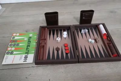 Backgammon spel in bruine opbergtas – kavel bij GSD Auctions, Zoeterwoude