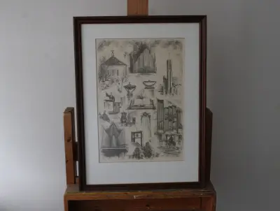 Ingelijste litho met kerkelijke en orgeldetails – kavel bij GSD Auctions, Zoeterwoude