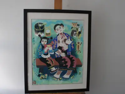 Ingelijste kleurrijke Aziatische kunstprint – kavel bij GSD Auctions, Zoeterwoude