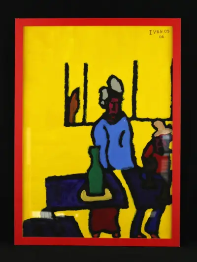 Ivan Vander Vliet - “Mensen aan de tafel” - gouache, vroeg werk 2005/2006 – kavel bij De Kringwinkel, Antwerpen