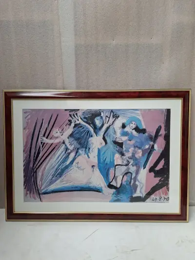 Grote Ingelijste Kunstdruk naar Pablo Picasso – "20.8.70" (Avignon Periode) – Luxe Houten Wissellijst – kavel bij De Kringwinkel, Waardamme