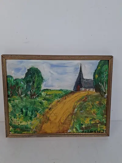 Vintage Schilderij – "Kerkje aan de Zandweg" door J. Debacker – kavel bij De Kringwinkel, Waardamme