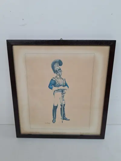 Statige Vintage Militaire Prent in Kader – "Königreich Bayern um 1825" – Garde-Officier – kavel bij De Kringwinkel, Waardamme