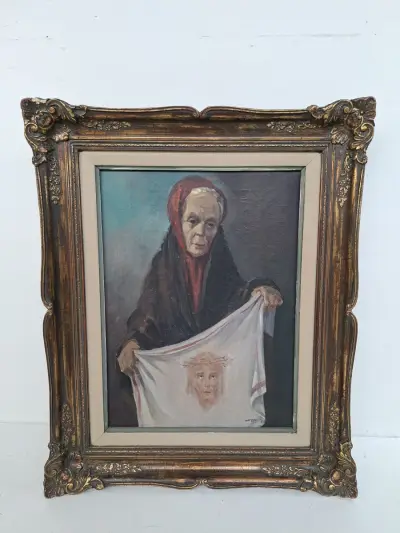 Authentiek Schilderij door Jan Van Puyenbroeck (1887–1972) – De Heilige Veronica met de Zweetdoek – In Prachtige Baroklijst – kavel bij De Kringwinkel, Waardamme