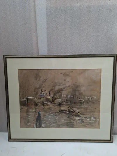 Authentieke Maritieme Tekening "Bedrijvigheid in de Haven" – Gesigneerd & Gekaderd! – kavel bij De Kringwinkel, Waardamme