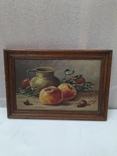 Sfeervol Olieverf-Stilleven "Appels met Koperen Kruik" – Rechtsonder Gesigneerd door G. Martin! – kavel bij De Kringwinkel, Waardamme