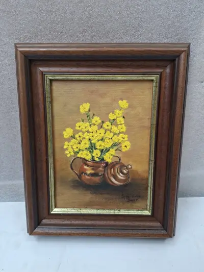 Authentiek Olieverfschilderij "Gele Bloemen in Koperen Pot" – Gesigneerd door Spreuwers Janet! – kavel bij De Kringwinkel, Waardamme