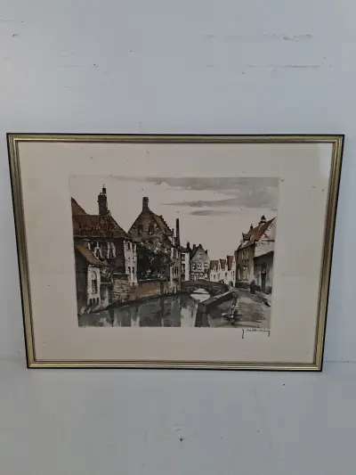 Handgesigneerde Kleurenets "Brugse Reien met Bonifaciusbrug" – J. Hubbeling – Genummerde Oplage – kavel bij De Kringwinkel, Waardamme