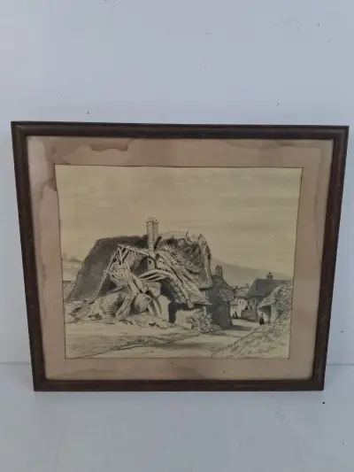Antieke Litho / Tekening – Nostalgisch Dorpsgezicht met Rietgedekte Cottages – Handgesigneerd – kavel bij De Kringwinkel, Waardamme