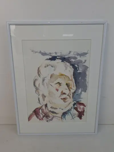 Prachtig Expressief Portret – Originele Aquarel in Strakke Witte Lijst – kavel bij De Kringwinkel, Waardamme