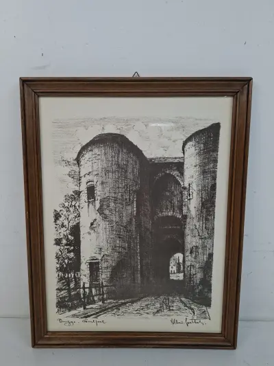 Sfeervol Brugs Stadsgezicht: "Gentpoort te Brugge" – Grafische Prent naar Albert Geudens (1869–1949) – kavel bij De Kringwinkel, Waardamme