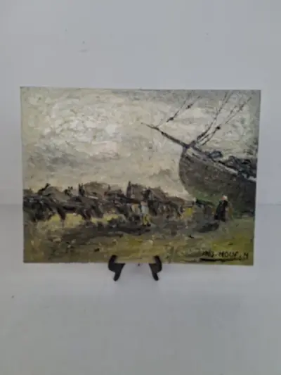 Maritiem Schilderij: Paarden op het Strand bij een Vissersschip – Olieverf uit 1963 (H. Houf) – kavel bij De Kringwinkel, Waardamme
