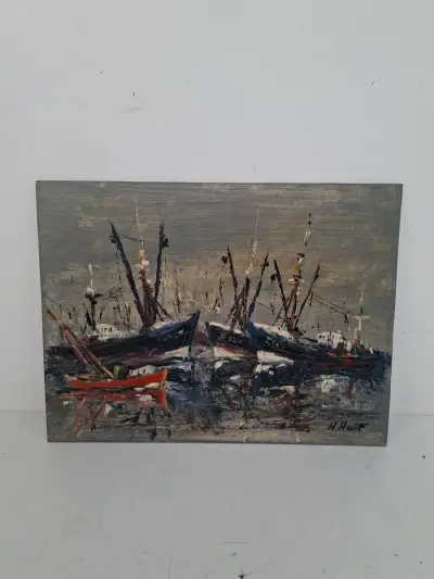 Sfeervol Maritiem Schilderij: Boten in de Haven – Olieverf op Paneel (Gesigneerd H. Houf) – kavel bij De Kringwinkel, Waardamme