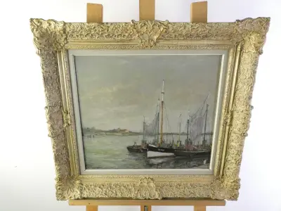 Sfeervol Maritiem Havengezicht – M. Vergucht (Olieverf op Doek) – kavel bij De Kringwinkel, Heverlee