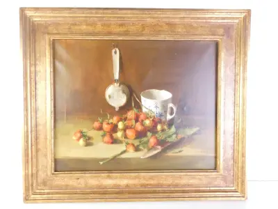 Olieverfschilderij "Stilleven met aardbeien" – gesigneerd Raymond van Hoeck – kavel bij De Kringwinkel, Heverlee