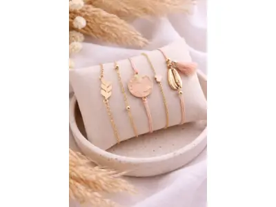 Dames Armbandenset – 5-delig Goudkleurig & Roze met Bedels – kavel bij XL Auctions