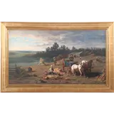 Hendrik van Ingen – Landschap met arbeiders op het land met mais, pompoenen en graan gen een man met paard en wagen, doek gedateerd 1862, 56x98 cm… – kavel bij Veilinghuis Derksen