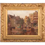 Gerrit Willem Knap – Stadsgezicht Amsterdam, doek 47x58 cm gevat in een klassieke goudkleurige lijst, buitenmaat is 47x58 cm – kavel bij Veilinghuis Derksen