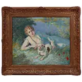 Anoniem, vrouw met hond in park bij meer, doek 50x61 cm (bedoekt) met op spieraam stempel Toiles a cotons, mson R Damman, Bruxelles – kavel bij Veilinghuis Derksen