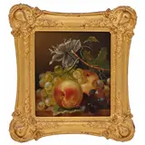 Anna Francisca de Rijk – Stilleven van bloem, perziken en druiven, paneel 23x20 cm – kavel bij Veilinghuis Derksen