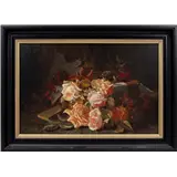 Maria van der Voort – Hangende rozen uit rieten mand, marouflé 38x58 cm – kavel bij Veilinghuis Derksen