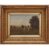 Hermanus Charles Christiaan Bogman – Landschap met koeien bij hek, doek voorzien van monogram, 36x51 cm in een goudkleurige klassieke lijst, buiten… – kavel bij Veilinghuis Derksen