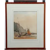 James Webb (toegeschreven aan), Strandgezicht met figuren en schepen bij een rostkust – kavel bij Medusa Auctioneers