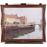 Jean-François Luypaert (Vilvoorde, 1893 - 1954, Oostende), Een binnenvaartschip aan de kade, gesigneerd (rechtsonder), olieverf op doek op paneel (… – kavel bij Medusa Auctioneers