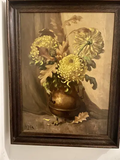 Grote olieverf replica Stilleven met chrysant van Hendrik van Leeuwen gesignaleerd A. J.v.Eijk met mooie lijst – kavel bij GSD Auctions, Zoeterwoude