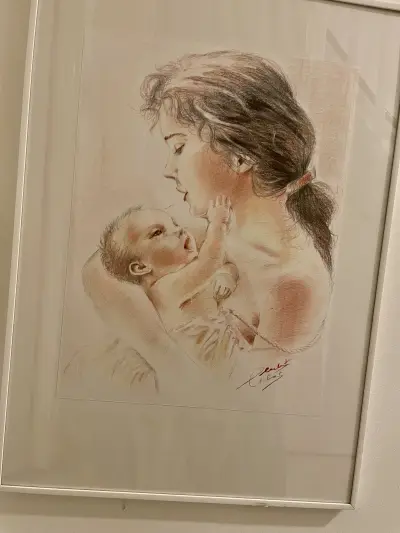 Moeder met kind, mooie schilderij met acryl potlood op canvas papier – kavel bij GSD Auctions, Zoeterwoude