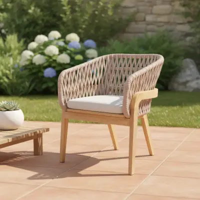 2x Batur diningchair natural rope - teak - white cushions – kavel bij GSD Auctions, Zoeterwoude