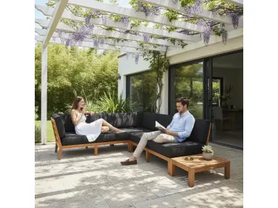 Hamilton Bay Dynamo loungehoek 3-delig teak + kussens black – kavel bij GSD Auctions, Zoeterwoude