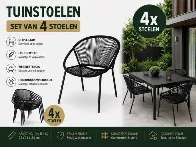 Ambiance lounge tuinstoel draad zwart set van 4 – kavel bij GSD Auctions, Zoeterwoude